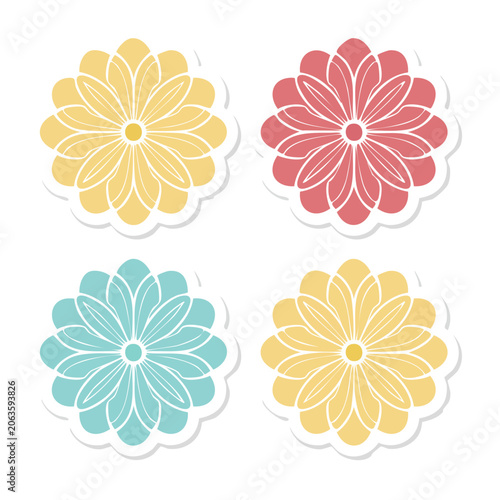 Four flat design flowers in yellow pink blue orange