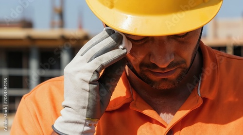 Construction worker wipes sweat from forehead with gloved hand. Man wears yellow hard hat and orange shirt. He looks tired from hard outdoor work under summer sun.