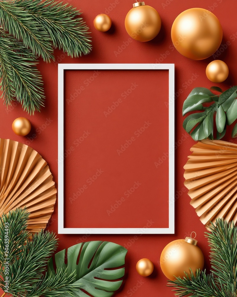 Fototapeta premium Minimal Christmas social media background with red frame, gold baubles and evergreen foliage