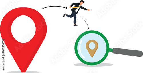 Navigation Challenge: A businessman runs from a large red location marker towards a magnifying glass examining a smaller map pin.
