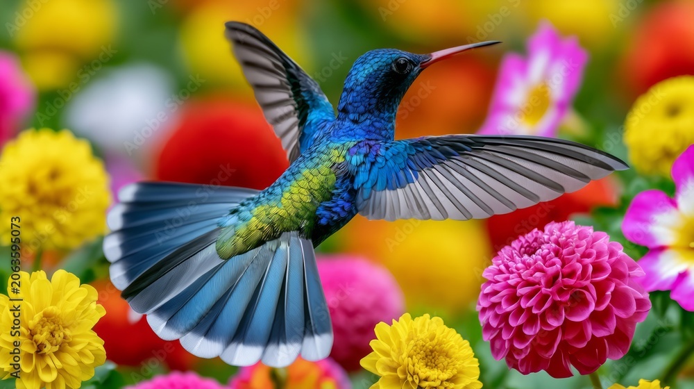 Fototapeta premium Vibrant Hummingbird Suspended Midair Among Colorful Bright Flowers in Nature's Breathtaking Scene