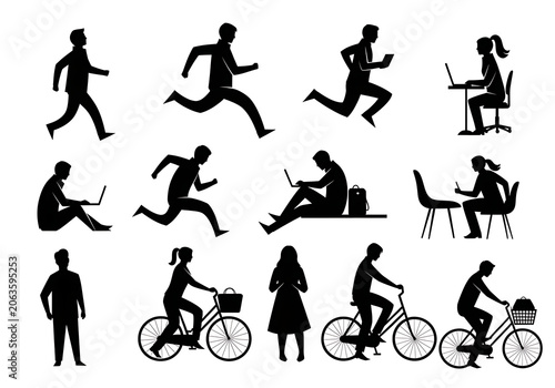 Black Silhouettes of People Running, Cycling, Working on Laptop and Office, Isolated on White Background