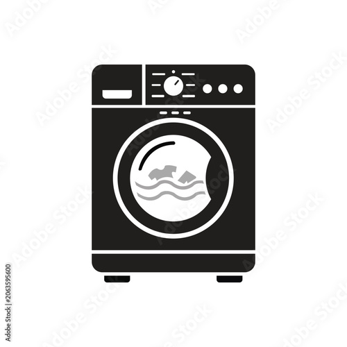 Front View Modern Washing Machine with Sad Face Design on Door in Minimalist Setting