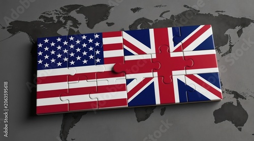 US and UK flags form jigsaw puzzle pieces. Nations connect on world map. Symbolizes global partnership diplomacy and alliance. Strong bond between countries.