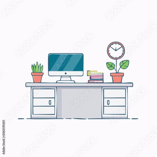 Modern Desk with Computer, Plants, and Books