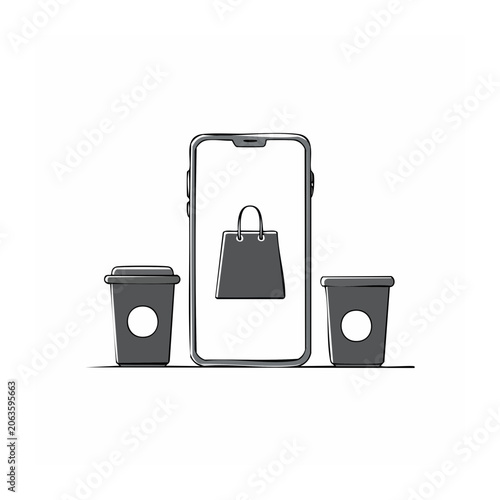 Smartphone with shopping bag and coffee cups illustration