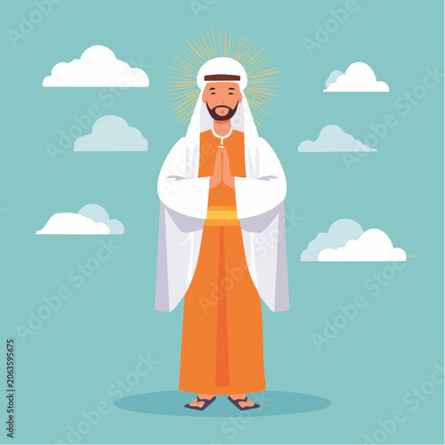Man in prayer with halo and clouds
