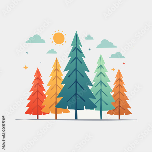 Stylized Evergreen Trees with Sun and Clouds
