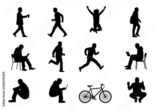 Black Silhouettes of People Engaging in Various Activities on White Background