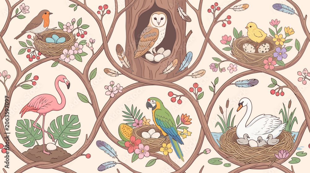 Fototapeta premium Whimsical Bird Illustration Pattern with Various Species Nests and Eggs on Floral Vines