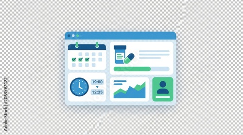 Digital medical interface dashboard with calendar clock graphs and pills icons