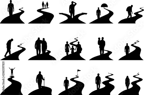 Person walking winding road path journey silhouettes vector set isolated