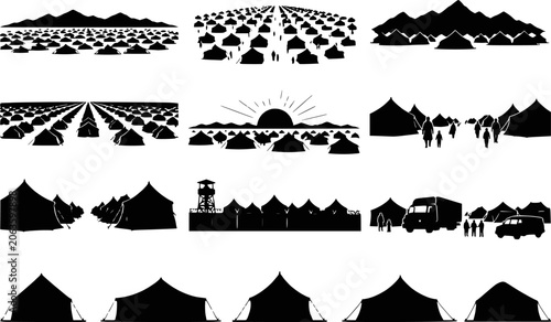 Bild auf Leinwand Refugee camp tent field landscape silhouettes vector set isolated
