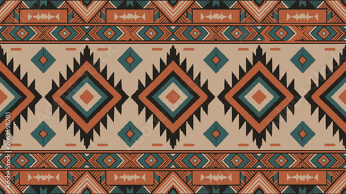 Fotografi Traditional southwestern style geometric pattern with vibrant earth tone colors