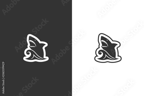 Obraz na płótnie A graphic illustration of a sharks head and dorsal fin breaking through stylized