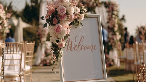 Floral welcome sign stands prominently at an outdoor wedding ceremony set up with chairs on the green lawn.