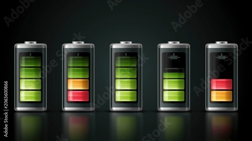 Batteries signify fluctuating energy levels through a series of colorful indicators on a dark background.