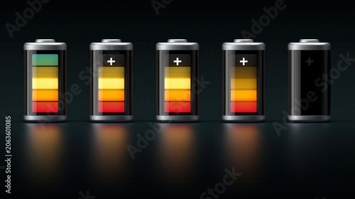 Batteries show different states of power depletion to visualize energy management in a digital interface.