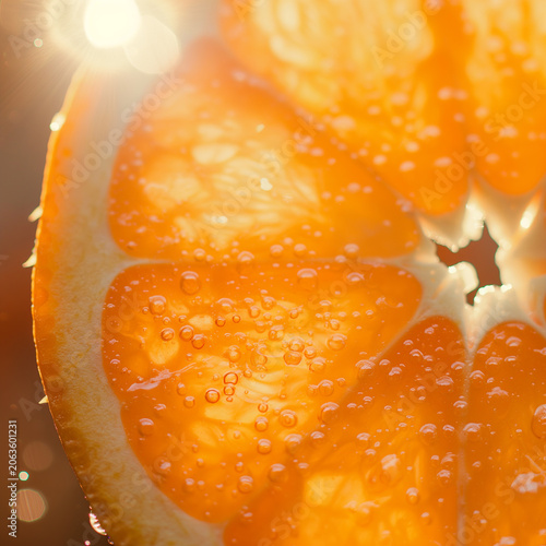Macro orange slice with juice droplets and glowing citrus detail