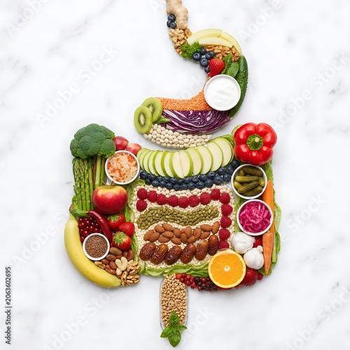 Digestive Wellness Food Shape with Probiotic Fruits and Vegetables
