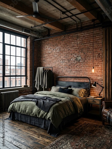 Industrial Loft Bedroom with Exposed Brick Wall and Vintage Decor