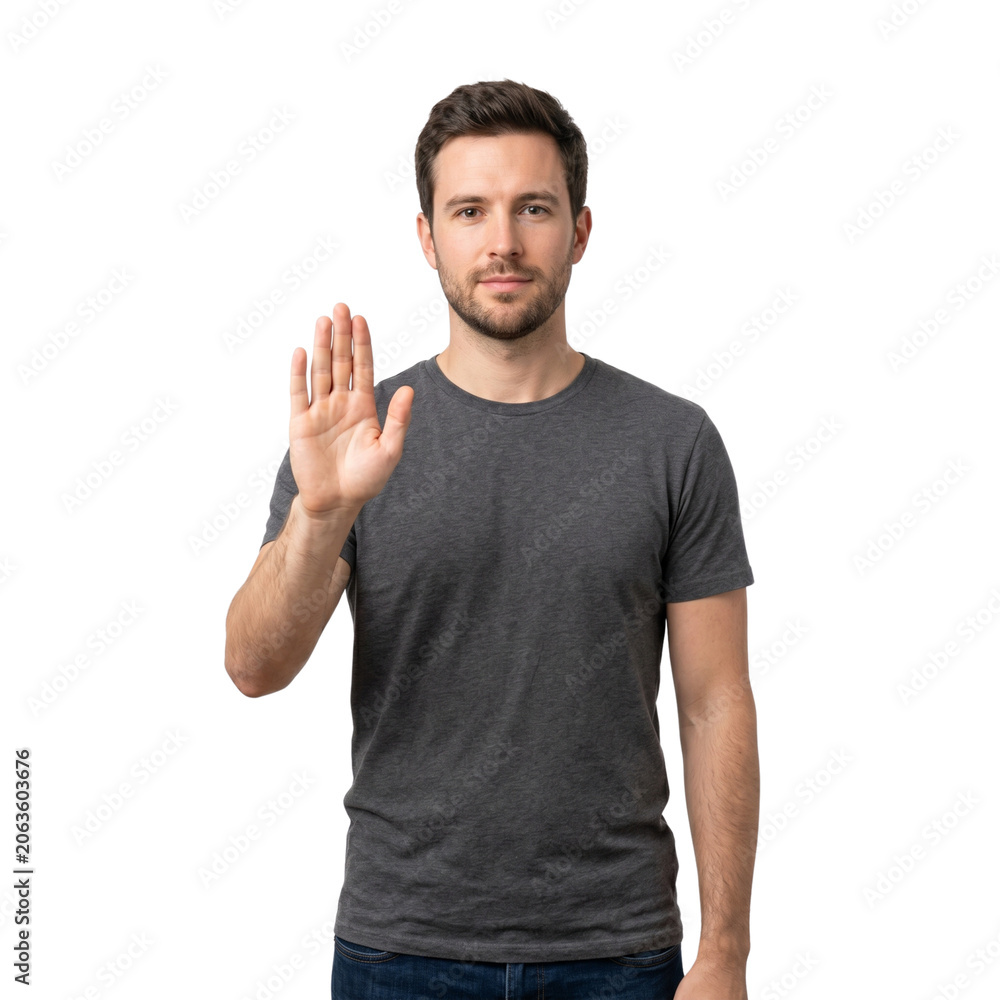 Fototapeta premium Man Showing “Stop” Hand Gesture Gently with Neutral Expression Isolated on White Background