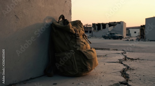 Military rucksack rests by damaged concrete wall. Destroyed city buildings and abandoned car in background. Crumbled road surface shows severe ground damage. Dusk light sets somber mood.