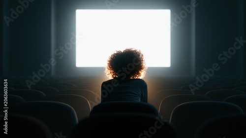 Spectator waits inside a quiet movie theater facing a glowing white screen for the film to finally start.