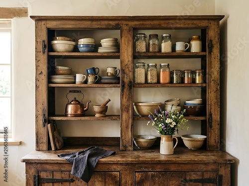 Rustic wooden kitchen hutch with vintage pottery and dried pantry goods
