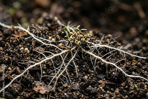 Sprouting seedling with extensive white root system in dark fertile soil