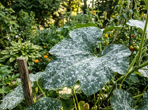 Zucchini leaf infected with white powdery mildew fungal disease