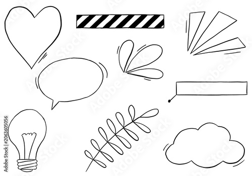 Hand drawn simple line doodles set minimal outline graphic shapes and decorative elements