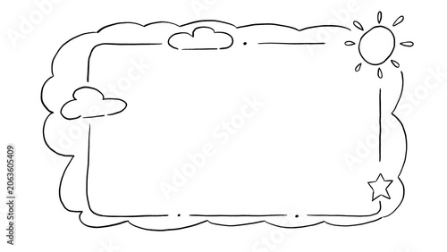 Hand drawn cute sky doodle frame with sun clouds and star minimal line art border sketch