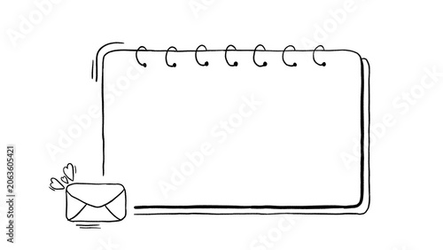 Hand drawn doodle notebook page frame with mail envelope and hearts minimal line art border sketch