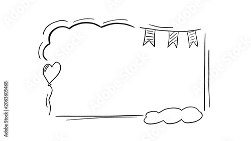 Hand drawn festive doodle frame with bunting flags heart balloon and clouds minimal line art border sketch