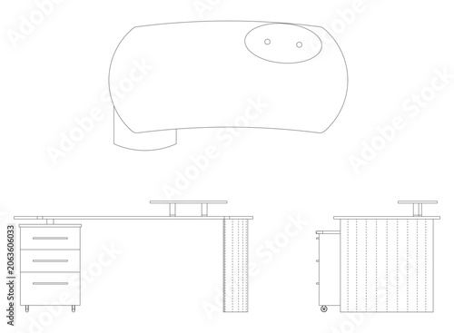 Set of four outline drawings of office desk, computer desk, office furniture, front, back, side and top view.