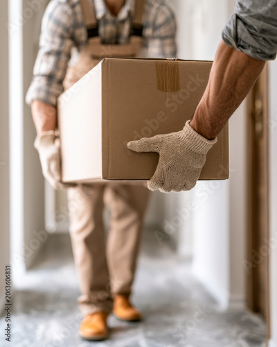 Delivery Worker Carrying Cardboard Box During Home Move