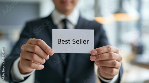 Businessman holds a small white card featuring the bold black text that clearly identifies a top best seller.