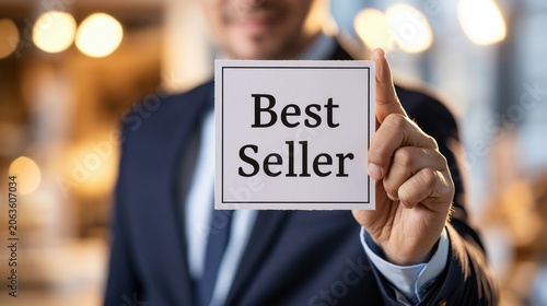 Businessman holding a white sign that says best seller to promote a successful product in the marketplace.