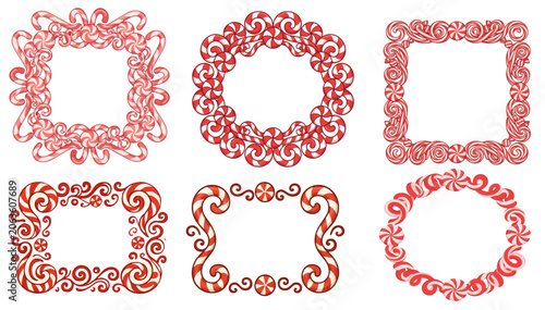 A set of festive peppermint candy vector frames with red and white swirls, decorative curls, and holiday‑themed borders. Each design features an open center for text, labels, or seasonal signage.