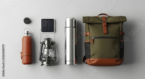 Flat lay of camping and hiking gear including a rolltop backpack, thermos, lantern, and solar panel