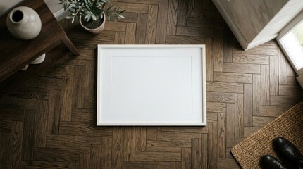 Blank frame mockup on dark herringbone wood floor.