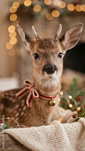 Adorable fawn in a Christmas decorated crate indoors