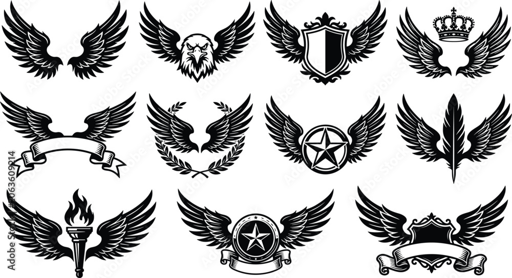 Fototapeta premium Winged Heraldic Emblem Vector Set with Eagle Shield Crown Star and Torch Icons