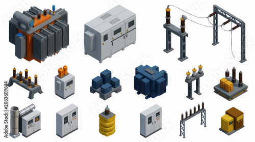 Tableau sur toile Collection of electrical power distribution equipment and components isometric illustration