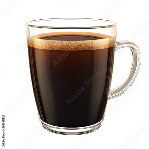 Steaming dark coffee in a clear glass mug with a delicate foam layer isolated on white background