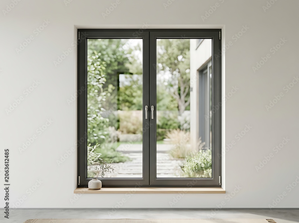 Fototapeta premium Modern Black Double Casement Window with Garden View in Minimalist Interior