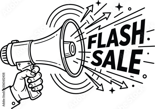 Hand holding a vintage megaphone announcing a FLASH SALE with dynamic lines and arrows ideal for marketing promotions discounts and urgent special offers