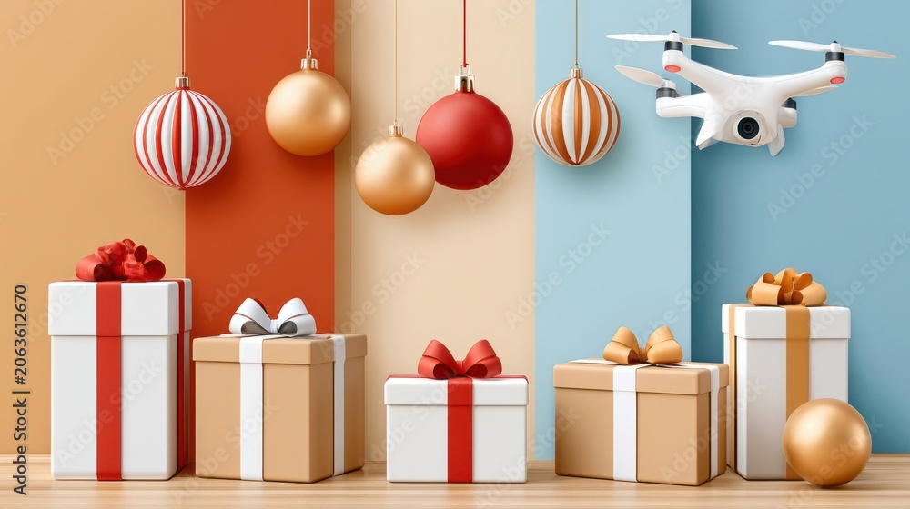 Fototapeta premium Holiday gift delivery drone beside wrapped presents and ornaments in a festive modern scene