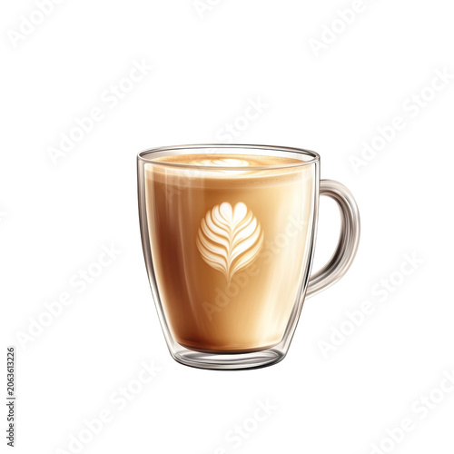 Latte art in a double-walled glass cup with delicate design isolated on white background